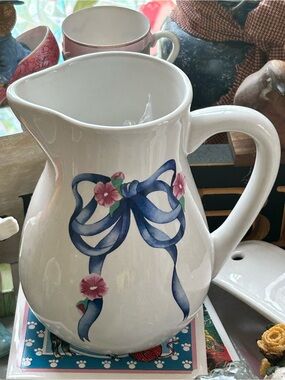 Vintage FTD White Ceramic Pitcher with Blue Ribbon and Pink Floral 6 x 5.5”
